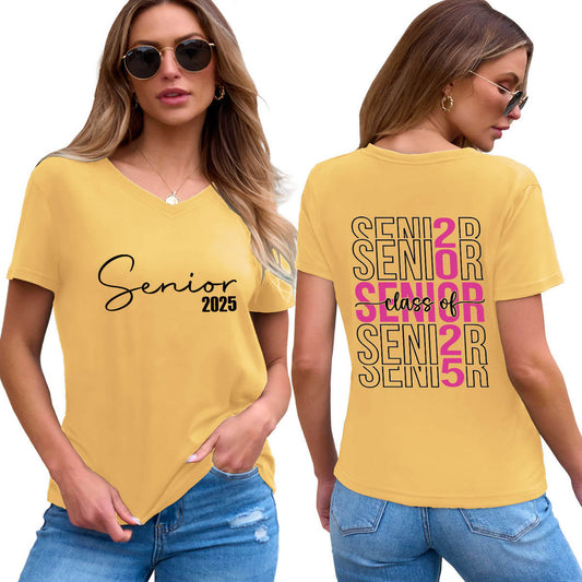 Camiseta informal de manga corta con cuello en V y estampado de letras para mujer 2025