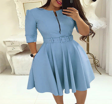 Women Fashion Casual Solid Color Zipper Belt Swing Dress