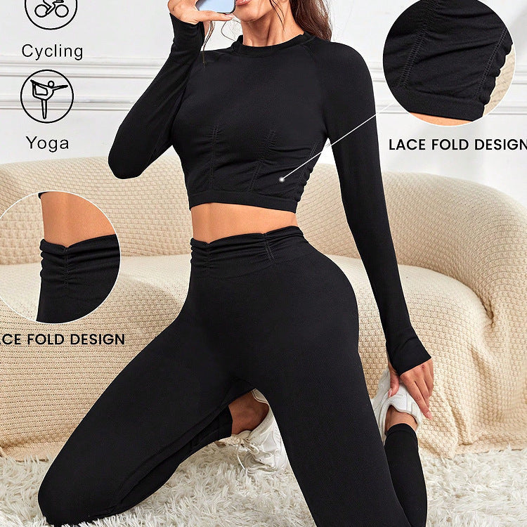 Conjunto de dos piezas de pantalones ajustados deportivos de yoga con cuello redondo y manga larga para mujer