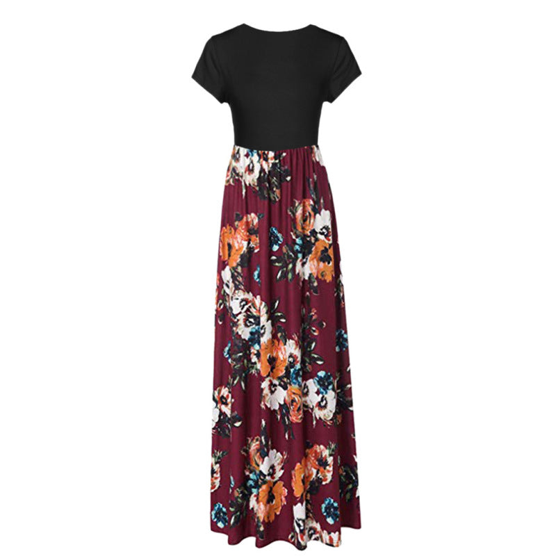 Vestido largo informal de manga corta con cuello redondo y estampado floral para mujer