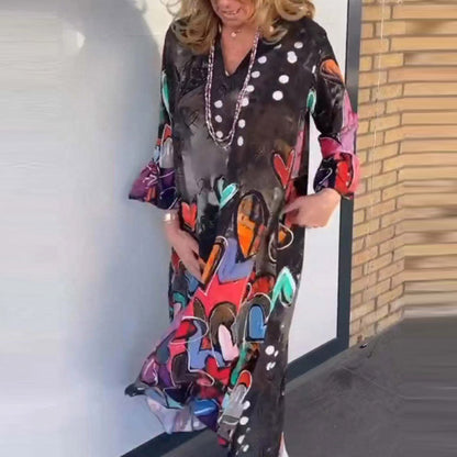 Women Fashion Casual Loose Heart-Shaped Print Long Sleeve Maxi Dress