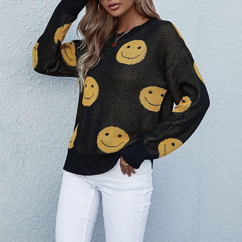 Top de punto de manga larga con cuello redondo y sonrisas informal para mujer