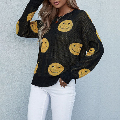 Top de punto de manga larga con cuello redondo y sonrisas informal para mujer