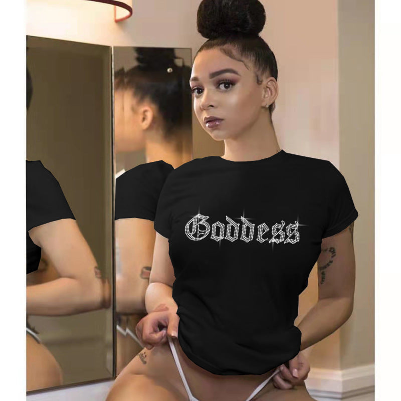Camiseta básica informal de manga corta con cuello redondo y diamantes de imitación para mujer