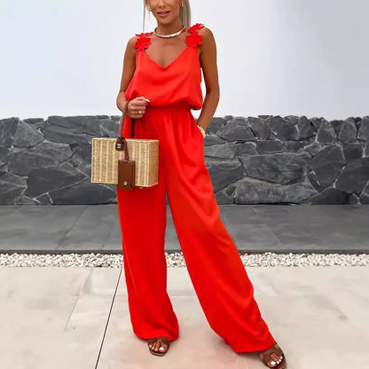 Women Fashion Casual Loose Solid Color V-Neck Strap Sleeveless Pocket Jumpsuits