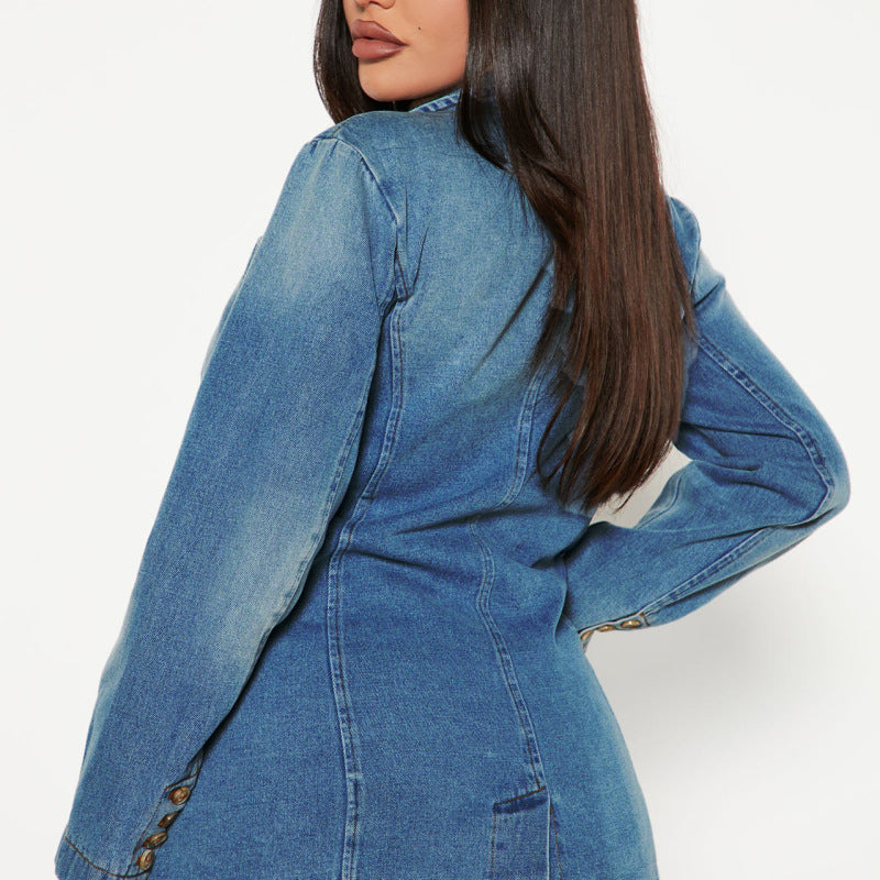 Abrigo vaquero informal de manga larga con solapa holgada y botones para mujer
