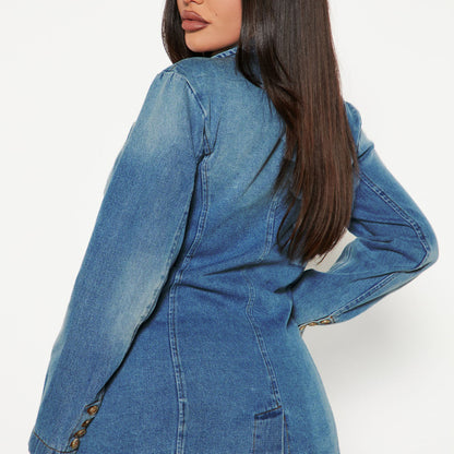 Abrigo vaquero informal de manga larga con solapa holgada y botones para mujer