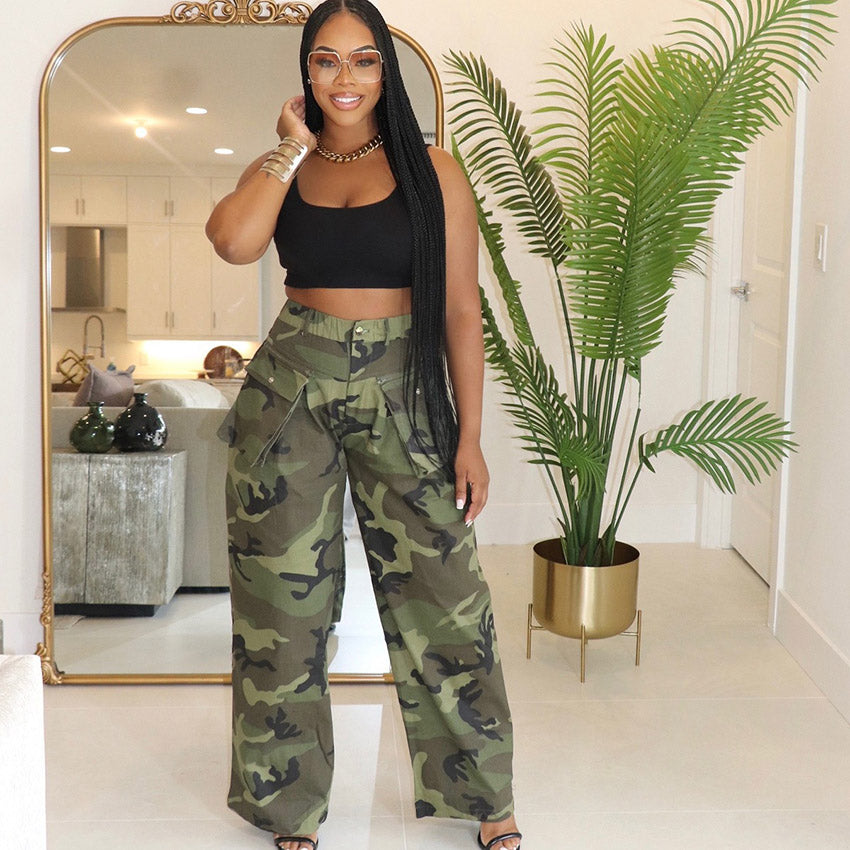 Women Fashion Casual Camouflage Printed Multi-Pocket Wide Leg Pants