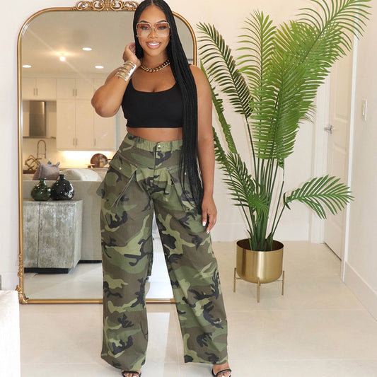 Pantalones anchos con múltiples bolsillos y estampado de camuflaje para mujer