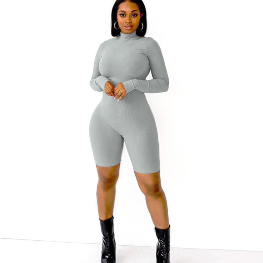 Women Casual Solid Color Pit Strip Zipper Long Sleeve Rompers