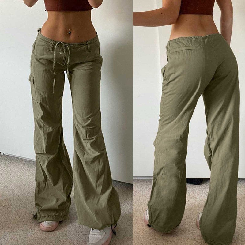 Women Fashion Casual Solid Color Drawstring Straight Pants