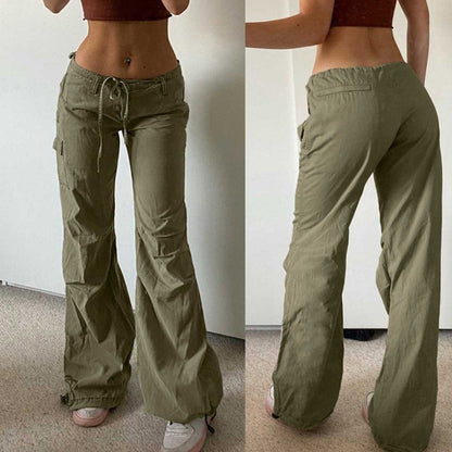 Women Fashion Casual Solid Color Drawstring Straight Pants