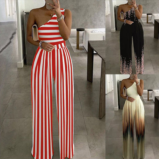 Women Slant Collar Sleeveless Casual Elegant Stripe Gradient Jumpsuits
