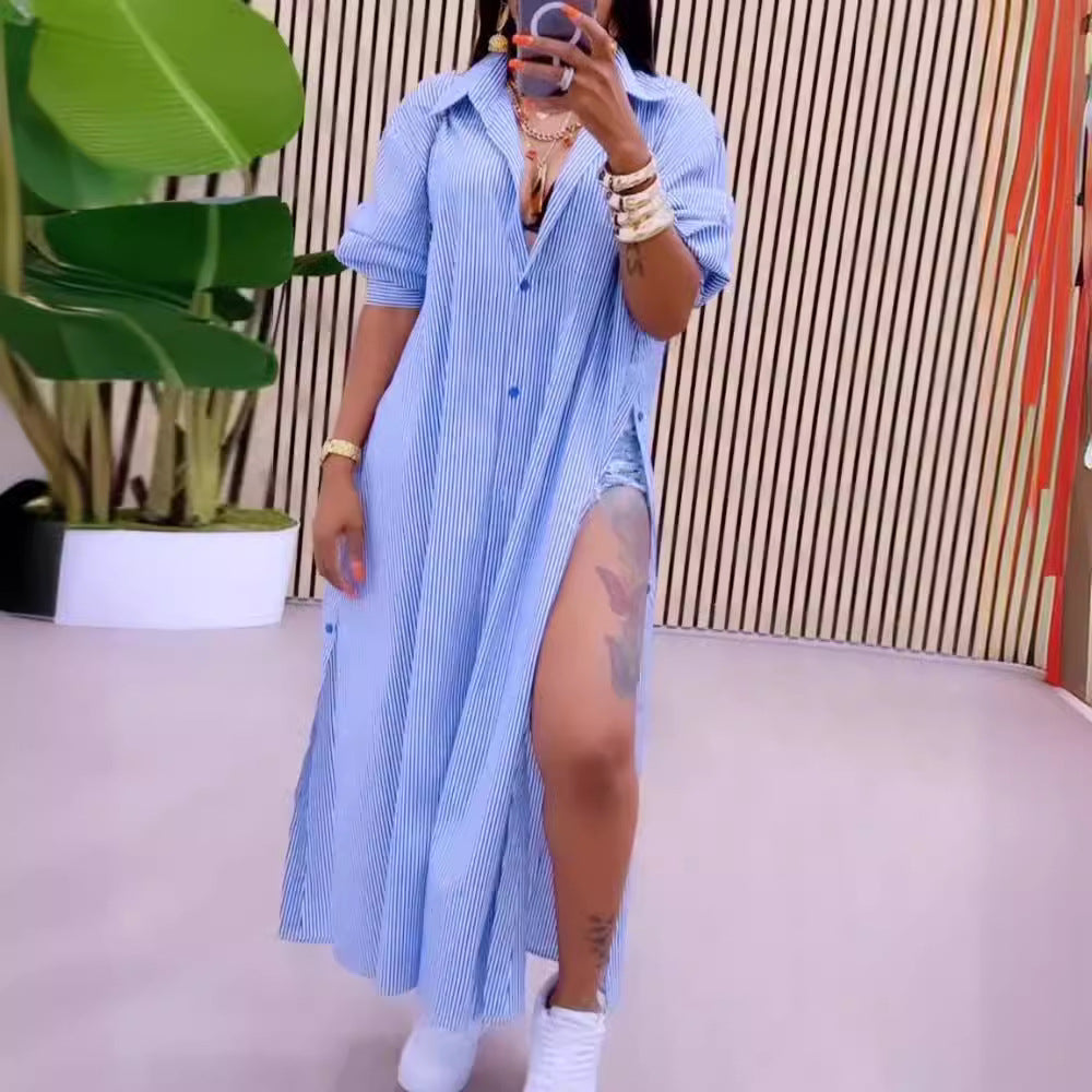 Blusa larga con abertura y manga larga con solapa y rayas informales a la moda para mujer