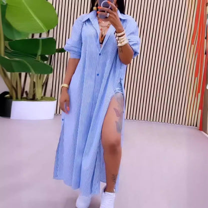 Blusa larga con abertura y manga larga con solapa y rayas informales a la moda para mujer