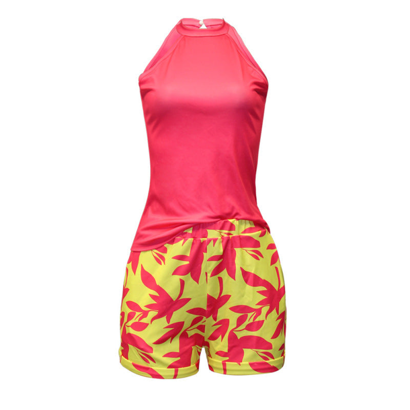 Women Fashion Casual Round Neck Sleeveless Top Printed Loose Belt Shorts Set