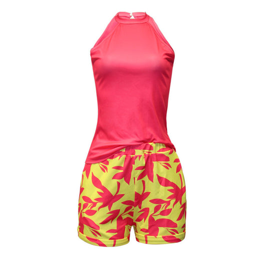 Conjunto de top y pantalones cortos holgados con cinturón estampado sin mangas y cuello redondo informal a la moda para mujer