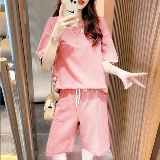 Conjunto de camiseta y pantalones cortos deportivos informales de verano para mujer, holgados, de manga corta, básicos, de color liso, talla grande