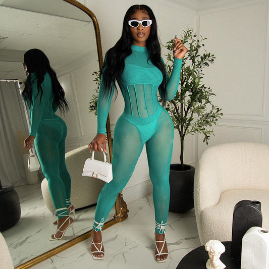 Women Sexy Solid Color Round Neck Long Sleeve Mesh Slim Fit Casual Jumpsuits