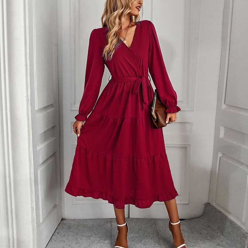 Women Fashion Casual Solid Color Bandage Long Sleeve Wrap Dress
