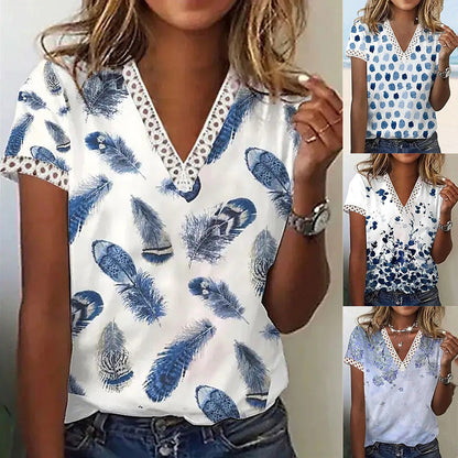 Blusa informal de verano para mujer, con escote en V, encaje, plumas, estampado floral, manga corta