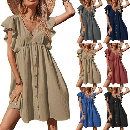 Women Fashion Casual Style Pullover V-Neck Ruffled Sleeve Dress