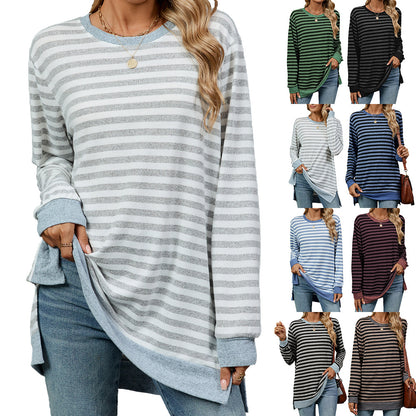 Camiseta informal de manga larga con cuello redondo y rayas para mujer