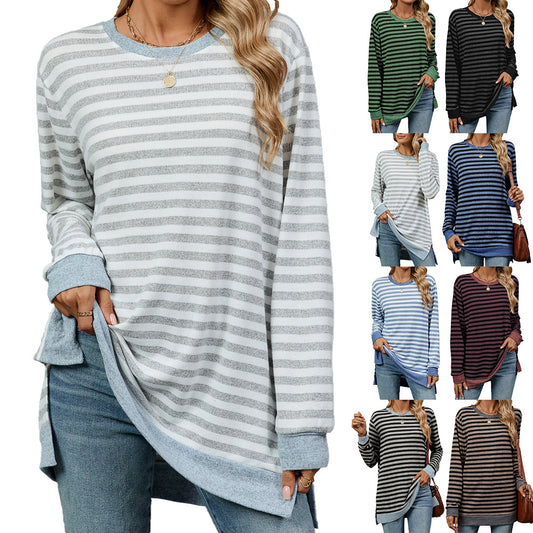 Camiseta informal de manga larga con cuello redondo y rayas para mujer