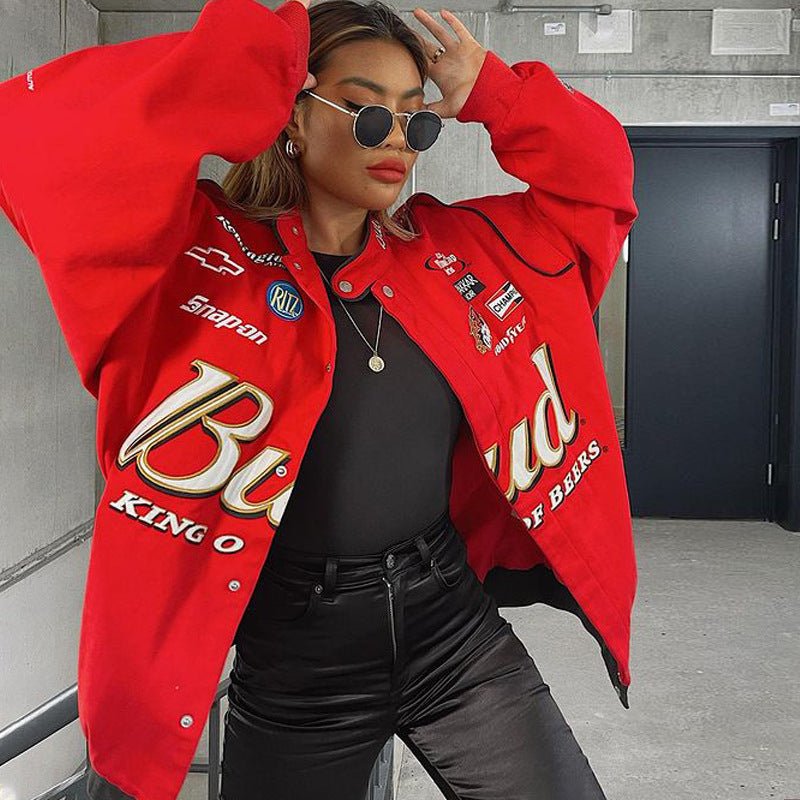 Women Fashion Loose Casual Letter Print Long Sleeve Baseball Jacket Coat