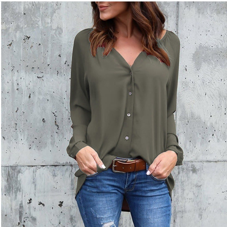 Blusa informal de gasa holgada con cuello en V y botones de manga larga para mujer