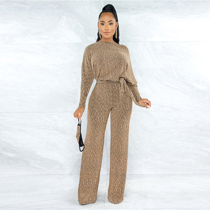 Women Fashion Casual Long-Sleeve Lace-Up Jumpsuits