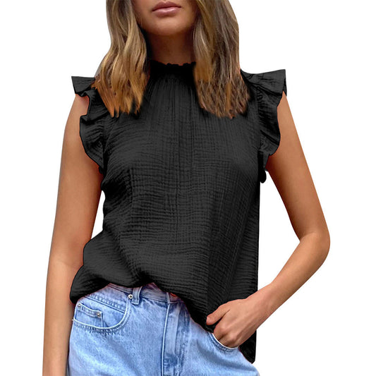Blusa informal de gasa sin mangas con volantes y costuras de color liso para mujer