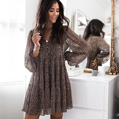 Vestido informal con estampado de leopardo y mangas abullonadas con cuello en V para mujer