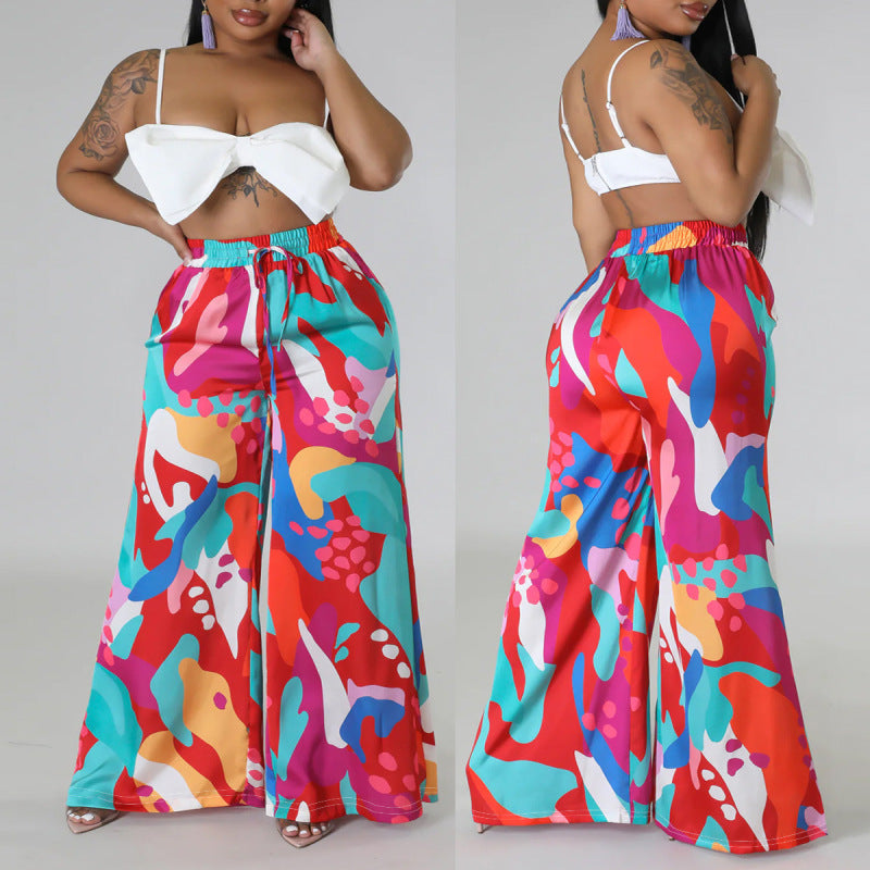 Women Fashion Casual Plus Size Graphic Printed Staggy Waist Lace-Up Wide-Leg Pants