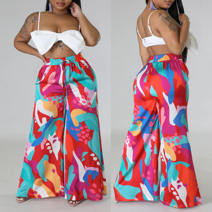 Women Fashion Casual Plus Size Graphic Printed Staggy Waist Lace-Up Wide-Leg Pants