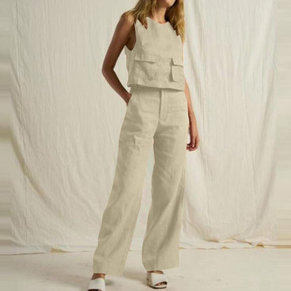 Conjunto de dos piezas informal de moda para mujer, sencillo, de color sólido, sin mangas, con bolsillos y pantalones