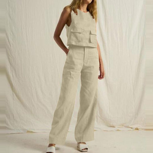 Conjunto de dos piezas informal de moda para mujer, sencillo, de color sólido, sin mangas, con bolsillos y pantalones