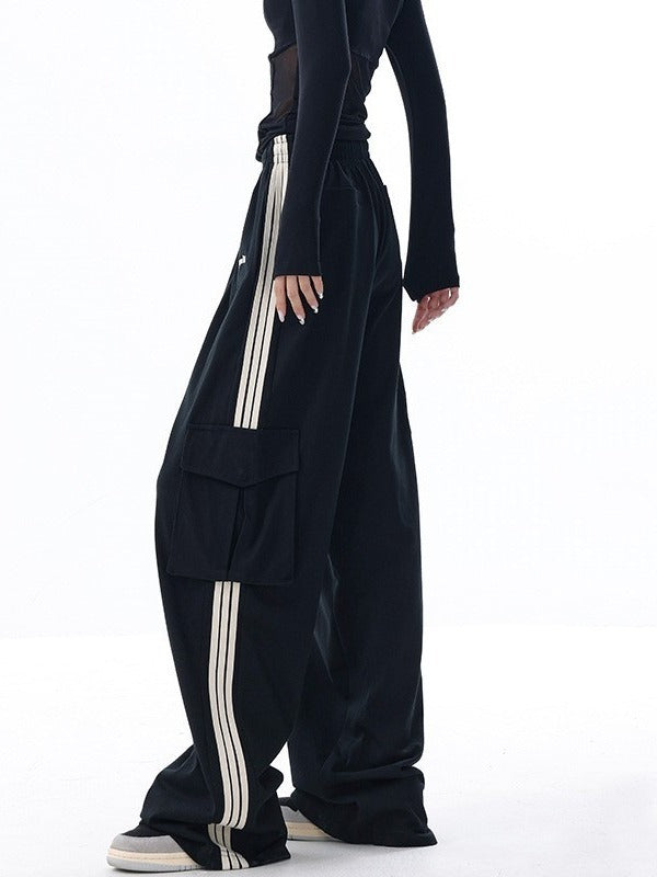 Black Stripe Casual Women Spring And Autumn Wide Leg Stripe Sports Pocket Cargo Pants