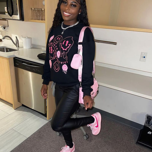 Women Loose Casual Smiley Face Print Round Neck Long Sleeve Sweatshirt