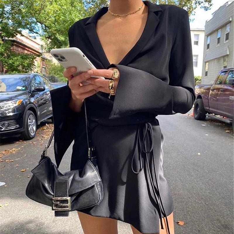 Women Solid Color Lapel V-Neck Long Sleeve Chiffon Waist Loose Casual Dress