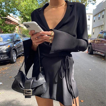 Women Solid Color Lapel V-Neck Long Sleeve Chiffon Waist Loose Casual Dress
