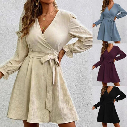 Women Casual Solid Color Slit V Neck Sash Long Sleeve Wrap Dress