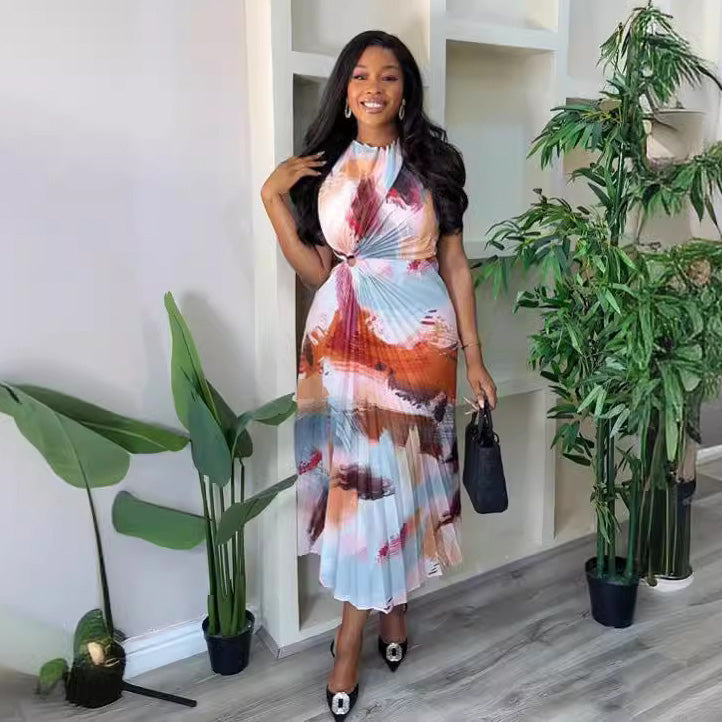 Vestido informal sin mangas con cuello redondo plisado y estampado para mujer