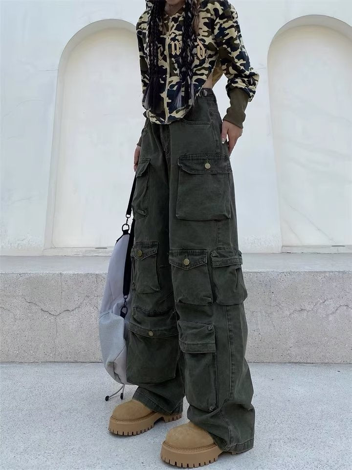 Tall Street Wide-Leg Overalls Women Straight Design Multi-Pocket Casual Pants