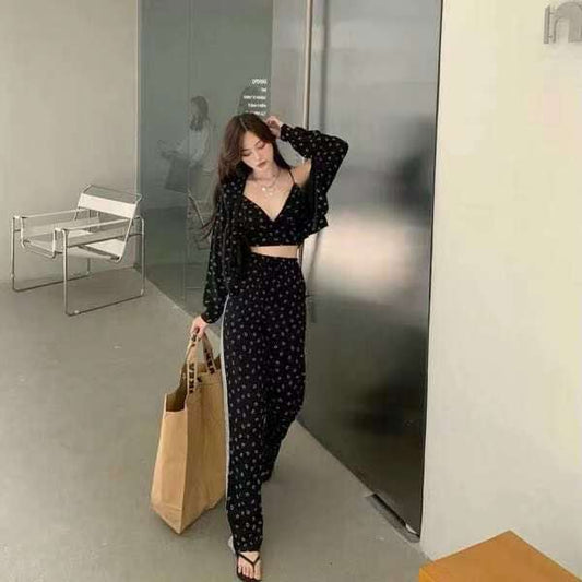 Conjunto de tres piezas informal holgado con top de tirantes estampado y abrigo y pantalón de manga larga para mujer