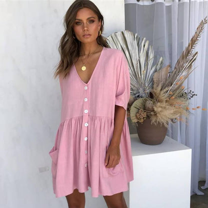 Vestido holgado informal de verano para mujer, con escote en V, botonadura sencilla y manga corta