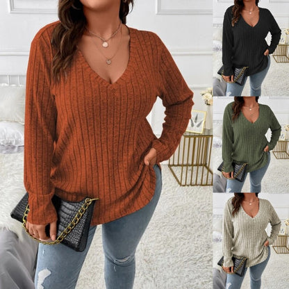 Women Fashion Casual Solid Color Rib-Knit Long Sleeve Plus Size Top