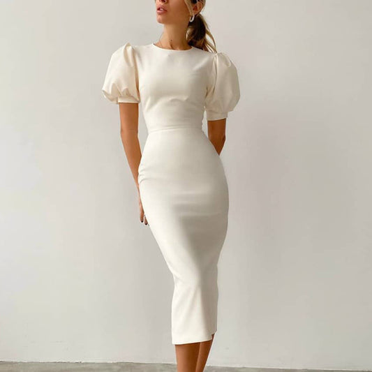 Women Casual Elegant Summer Round Neck Short Sleeve Tight High Waist Puff Sleeve Midi Dress