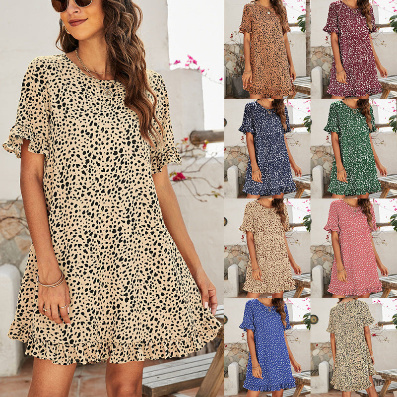 Summer Women'S Leopard Print Casual Round Neck High-Low Hemline Ruffle Dress