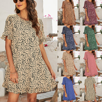 Summer Women'S Leopard Print Casual Round Neck High-Low Hemline Ruffle Dress